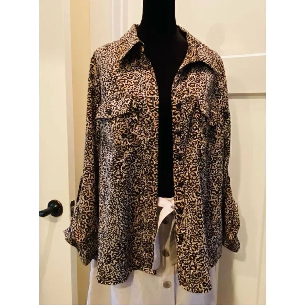 Kim Rogers Cheetah Print Long Sleeve Button Down with Pockets Women's Blouse PXL
